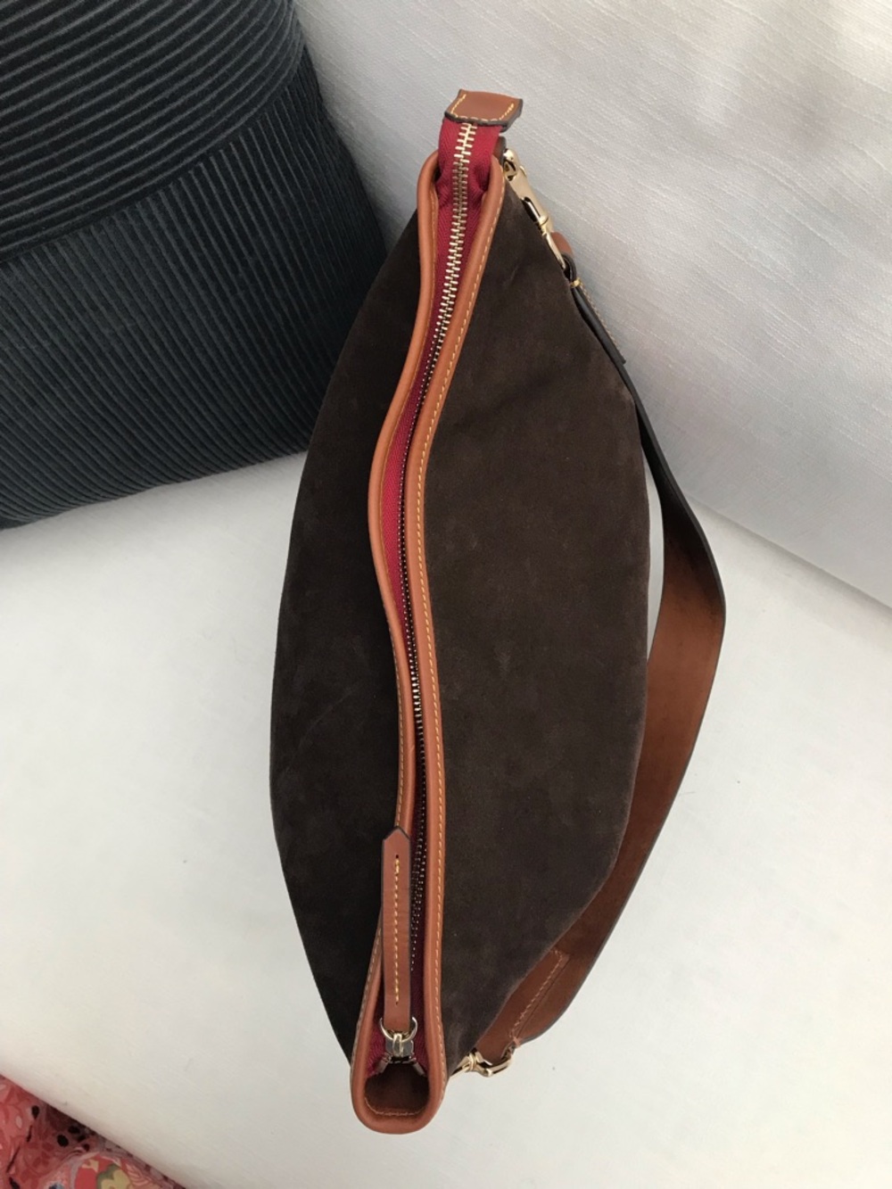 Dooney & Bourke Brown Suede Hobo Bag with Italian Leather Camel Trim - Picture 4 of 9